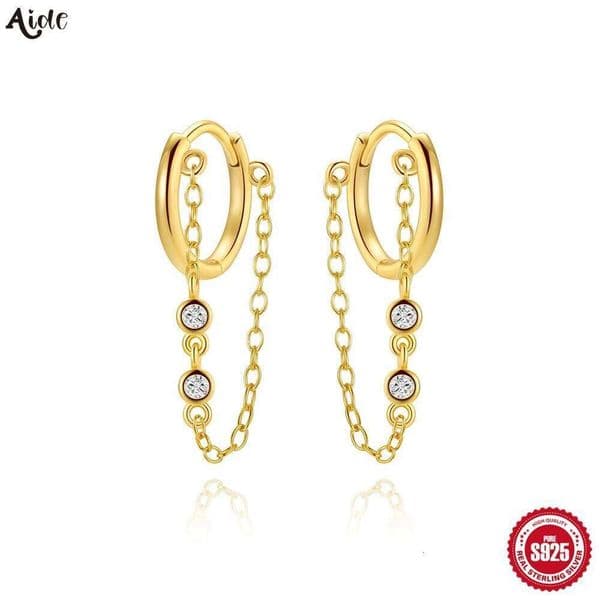 Aide 925 Sterling Silver Zircon Chain Link Long Tassel Hoops Women Original 18K Gold Color Earrings Fine Jewelry
