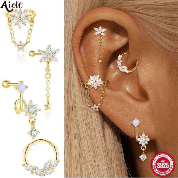 Aide Zircon Flower Screw Bead Piercing Stud Earrings for Women 925 Silver Simple Sweet Girl Opal Ear Clips Earring Party Jewelry