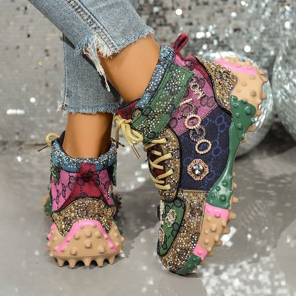 Women's Fashion Shoes Rhinestones Diamonds Embellished Luxury Shoes Rhinestones Designer Sneakers Thick Bottom Non Slip Running Shoes Zapatillas De Mujer