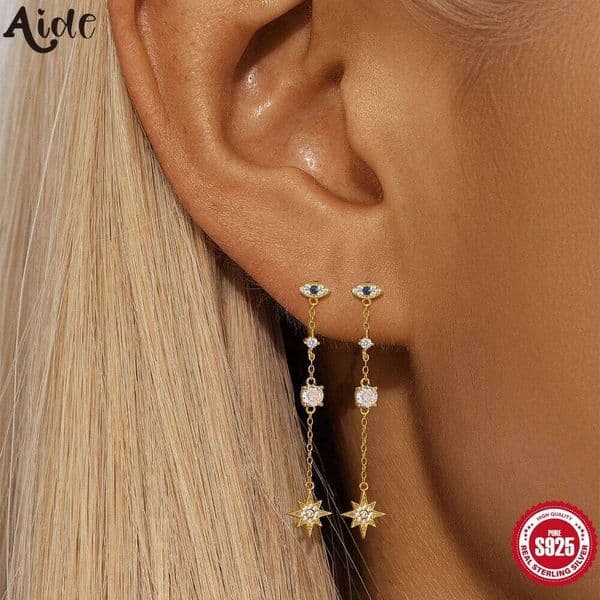 Aide 925 Sterling Silver Devil's Eye Starburst Tassel Drop for Women Gold Color Cubic Zircon Drangles Earring Jewelry