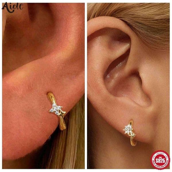 Aide 925 Sterling Silver Star Hoop for Women Girls 18K Gold Plated Multicolor CZ Huggie Round Earrings Pendientes