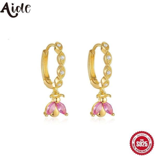 Aide 100% 925 Sterling Silver Sparkling Little Bee Pendant Golden for Women's Earrings Fashion Jewelry Birthday Gifts