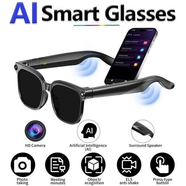 Smart glasses AI with 8MP camera, video recording, simultaneous translation, Bluetooth calling, and AI capabilities.