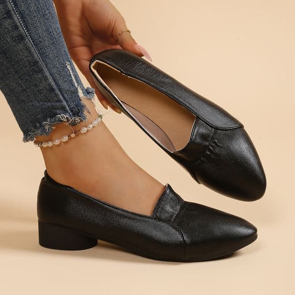 Ddmysports New Spring Soft Leather Single For Women Chunky Mid Heel Black S Mom Shoes Shallow Mouth Pointed Toe Wedge Outdoor Shoes