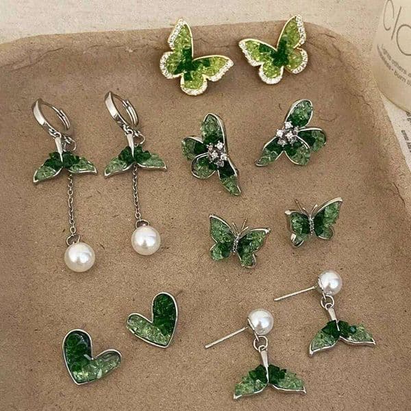Real 925 Sterling Silver Green Crystal Flower Heart Fish Tail Butterfly Stud Earring for Women Cute Fine Jewelry Accessories