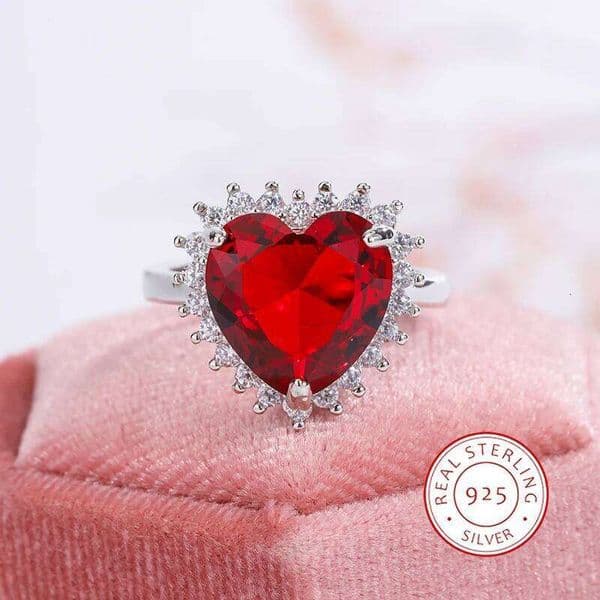 New Temperament Simulation Red Tourmaline Gem Heart Shaped Opening Ring Female 925 Stamp Fashion Jewelry Party Birthday Gift