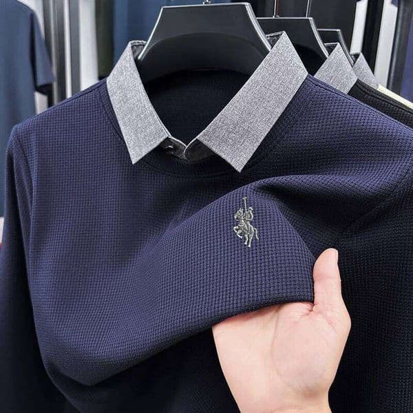 Fashion designer brand pony embroidered sweater pullover spring autumn high-end personality fake two-piece lapel men's clothing