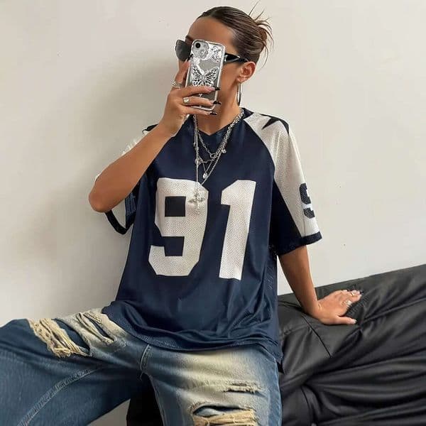 2026 Cross-Border Sports Style Digital Print Color-Block Mesh Short Sleeve T-Shirt Loose Top