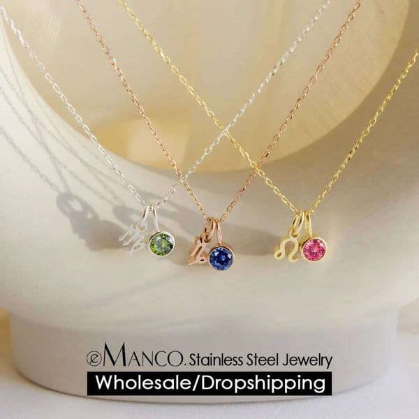 eManco Birthstone Constellation Double Pendant 12 Zirconia Stainless Steel Jewelry DIY Necklace Birthday Gift