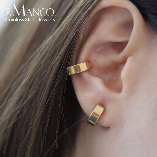 eManco Stainless Steel Ear Clip Earring Buckle Women's Geometric Metal Gold Color Trend Fashion Punk Hip Hop Jewely 11MM/13MM