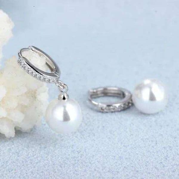 Real 925 Sterling Silver Zircon Pearl Ball Hoop Earrings for Women Classic Fine Jewelry Minimalist Geometric Accessories