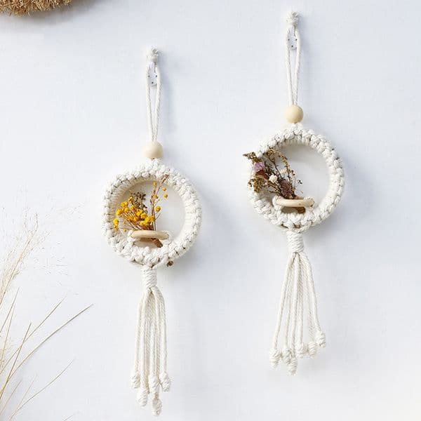 Bohemian cotton rope handmade macrame faux flower basket hanging decor, minimalist for home, bedroom, Airbnb, and room wall decoration