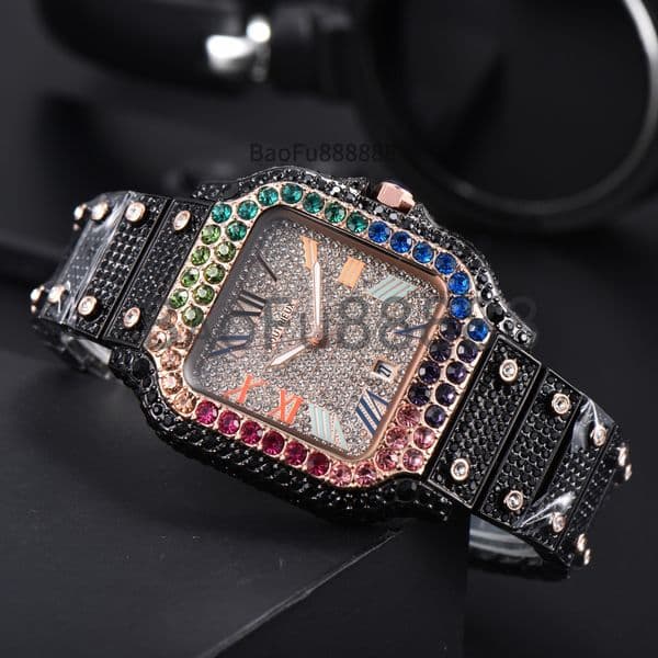 Newly 2026 Black Pink Wristwatch Luxury Square Dial Watches for Men Date Steel Strap Daily Business Designer Diamond Watch Fashion Male Clocks for Gift Wholesale