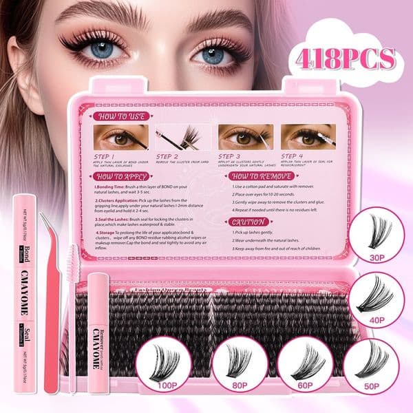 418Pcs DIY Individual Eyelashes Fluffy Wispy Handmade Reusable D Curled DIY Cluster Lashes Kit with Lash Adhesive Multi-layer 3D Grafted Lashes