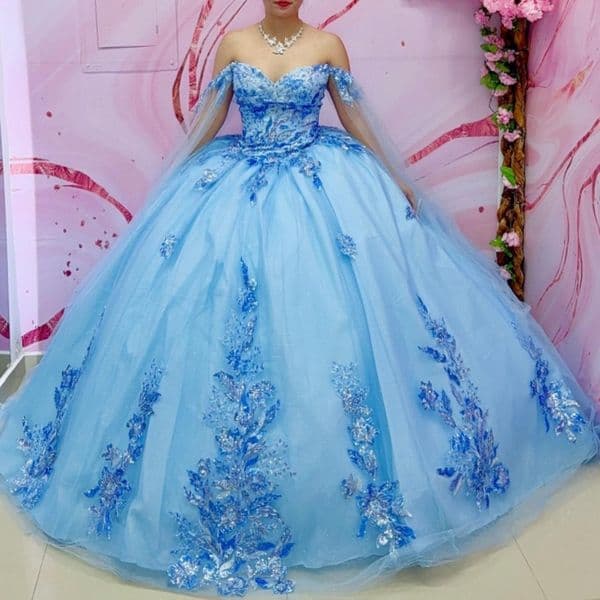 Blue Quinceanera Dresses Off Shoulder Ball Gown Sweet 16 Dress Sequin Applique Lace Beading Crystal Tull Birthday Party Vestidos 15 De Anos