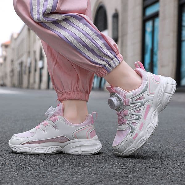 Autumn new girls' shoes, mesh breathable rotating button children's sports shoes, soft sole anti slip casual children's shoes