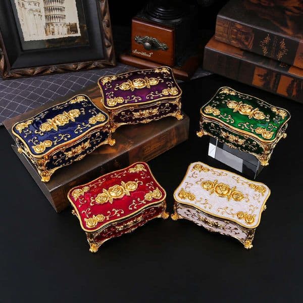 European Style Metal Rose Flower Jewelry With Mirror Creative Ring Necklace Earring Storage Box Wedding Gift B5