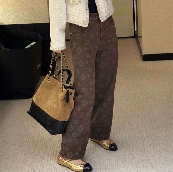 Designer 25 Autumn New High-End Cha Simple Casual Retro Floral Print Denim Straight-Leg Jeans 6b23