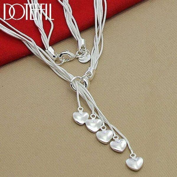 DOTEFFIL 925 Sterling Silver Five Snake Chain Hearts Necklace For Women Wedding Engagement Fashion Jewelry