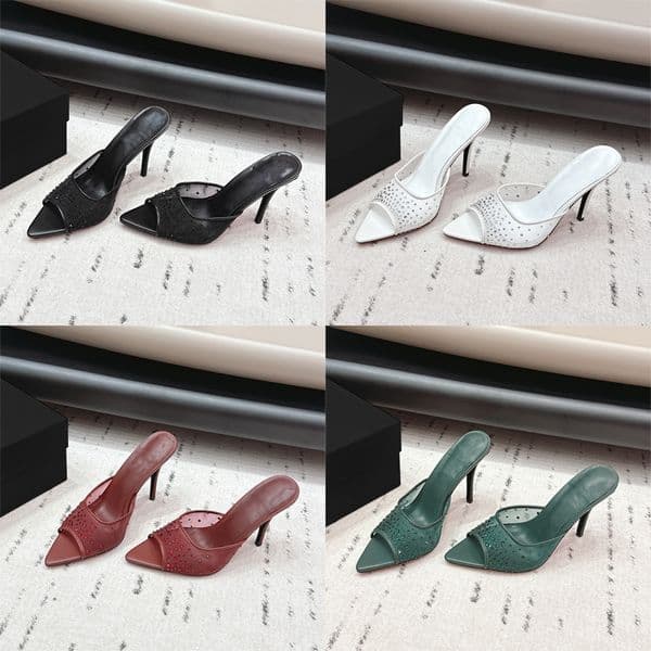 Luxury Mesh Sandals Top Designer Crystal High Heels Rhinestone Slippers Leather Slides Nude Black White Red Dress Shoes 1030