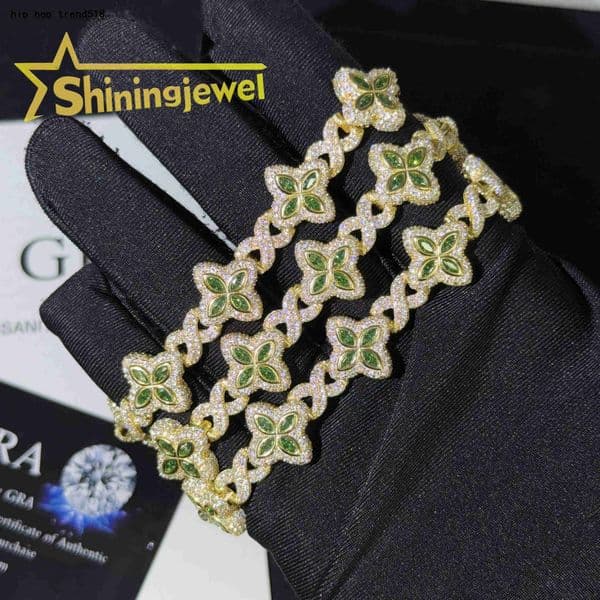 Iced Out Jewelry Marquise Cut 15mm Green Moissanite Cuban Bracelet 925 Silver Diamonds Cuban Link Bracelet Pass Diamond Tester