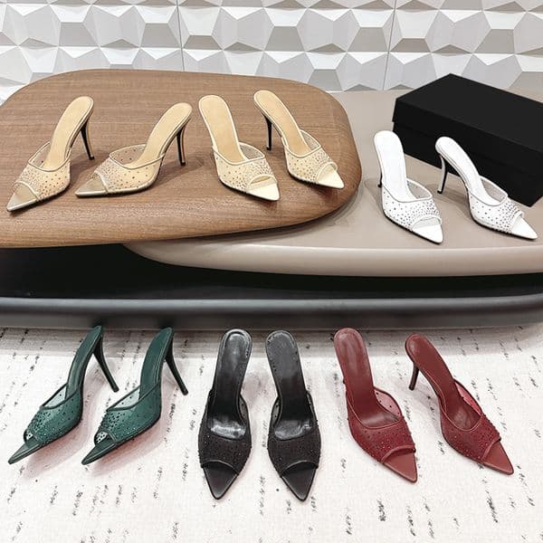 Designer Crystal Mesh Sandal Classic Bottom High Heels Slippers Sexy Pointed Toe Women Dress Shoes Summer Sandale Slides 1030