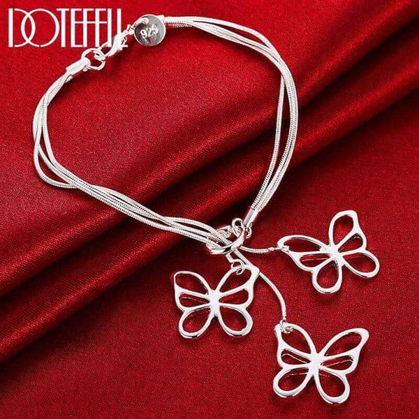 DOTEFFIL Three Butterfly Bracelet 925 Sterling Silver Snake Chain Charm Woman Wedding Engagement Fashion Party Jewelry