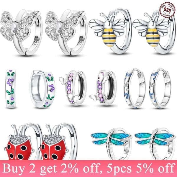 925 Sterling Silver Bees Butterflies Insects Series Zircon Circle Hoop Earrings Women Earring Jewelry Gifts Accessories