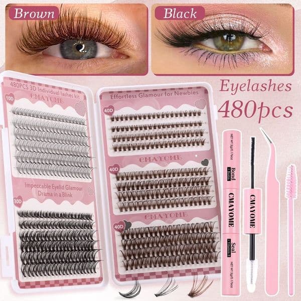 Colored DIY Cluster Lashes Kit Black + Brown 480Pcs Individual Eyelashes Thick Fluffy Handmade Reusable D Curled DIY Eyelash Extensions Beauty Supply