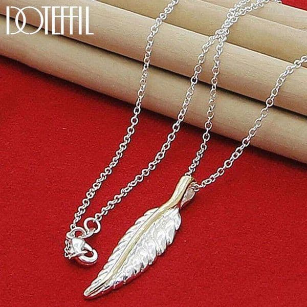 DOTEFFIL 925 Sterling Silver Leaves Feather Pendant Necklace 18 Inch Chain For Women Wedding Engagement Fashion Charm Jewelry
