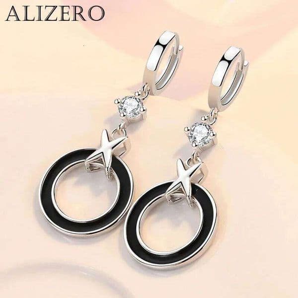 ALIZERO Trendy Black Circle X Hoop Earrings For Women 925 Sterling Silver Jewelry Shiny Zircon Long Earring Party Accessories