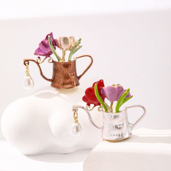 Tulip Flower Pot Brooch Pearl High-End Niche Forest Style Floral Series Casual Clothing Accessories
