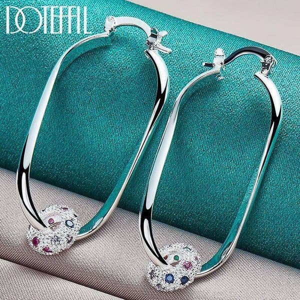 DOTEFFIL 925 Sterling Silver Round Colored AAA Zircon Hoop Earring For Woman Fashion Wedding Engagement Party Jewelry