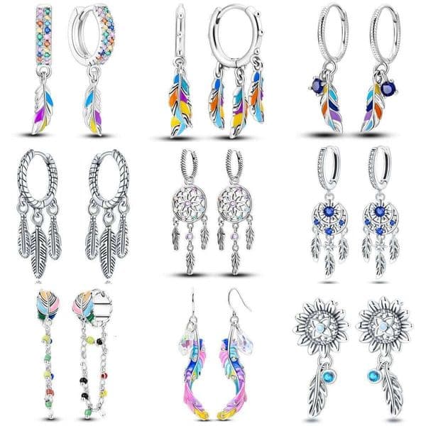 Orstarry Original 925 Sterling Silver Dreamcatcher Feather Earrings Women Ear Studs Hoop Earring Anniversary Jewelry Gifts