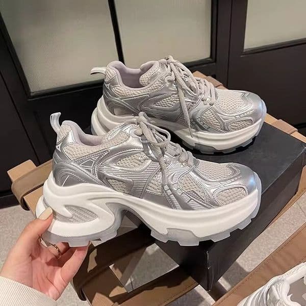 Ddmytiger Silver Thick Soled Dad Sneakers For Women Spring And Autumn New Style Small Size Height Increase Cm Breathable Mesh Niche Sports Shoes Outdoor Shoes