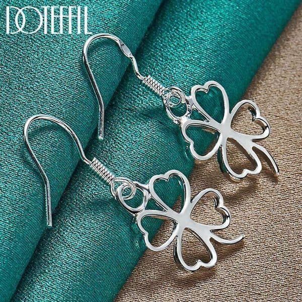 DOTEFFIL 925 Sterling Silver Hollow Four-leaf Clover Drop Earrings For Woman Wedding Engagement Fashion Party Charm Jewelry
