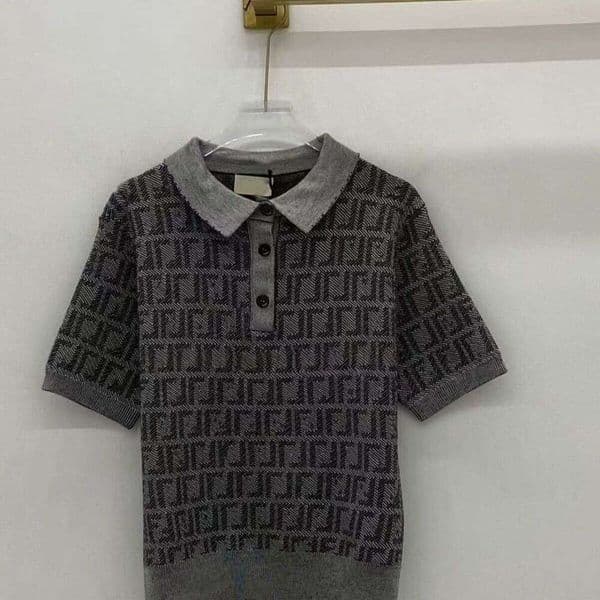 Designer New Fashionable Elegant Letter Jacquard Turn-Down Collar Short Sleeve Vintage Knitted Top e72a