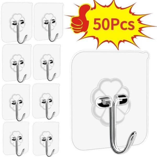 50Pcs Transparent Stainless Steel Self-Adhesive Hooks Bathroom Towel Clothes Sticker Hook Key Hangers Storage Holder