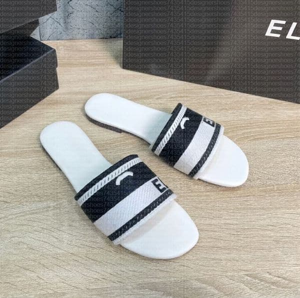 Paris Embroidered Dazzle Designer Slippers Womens Sandals Summer Beach Stripes Casual Flat Slippers Sliders women ladies flip flops Embroidery Mules