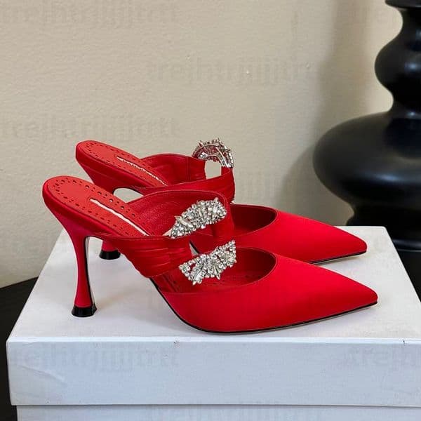 Women's Pointed Toe stiletto sandals mule Luxury silk rhinestone buckle slippers Spring Summer Sexy designer Party Dress Shoes Factory footwear size 35-42 with box