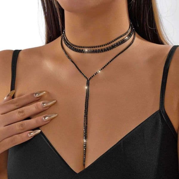 Black Full Rhinestone Long Tassel Necklace for Women Multi-layer Luxury Zircon Crystal Y-shaped Choker Wedding Party Jewelry