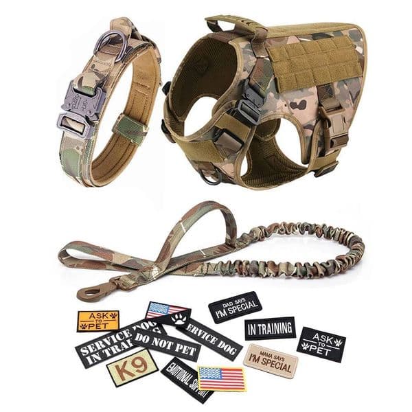 Harness Leash Collar Patches Set for Medium Large Dogs Military Pet Vest Adjustable Tactical Dog Harnesses Training Walking