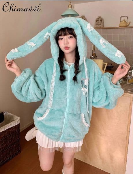 Bestseller Original Japanese Style Rabbit Ear Plush Coat Women New Fashion Hooded Thickened Warm Long Sleeve Jacket Winter ddmytues