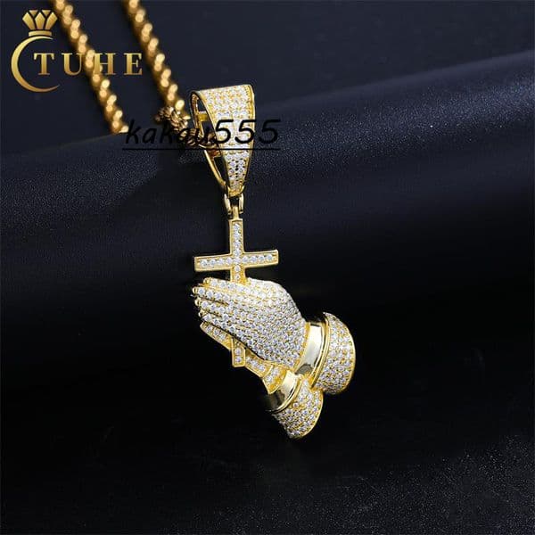 Religious Hot Sale Instock Iced Out D Color Moissanite 925 Sterling Silver Rust Prevention Cross Pray Hand Pendant Necklace