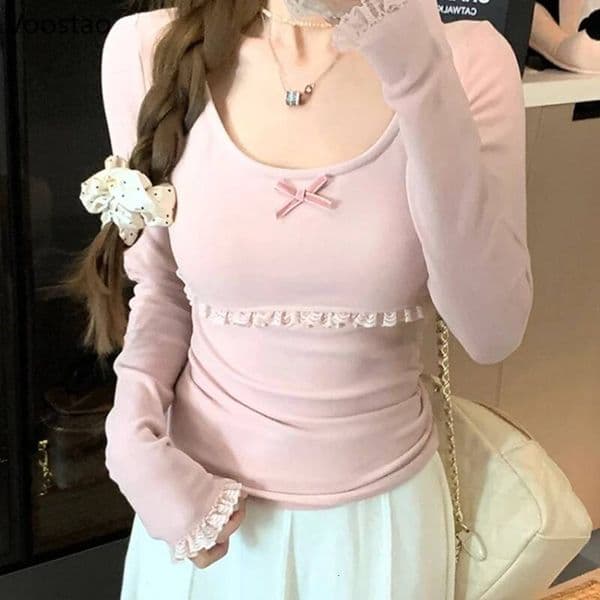 Bestseller Japanese Kawaii Lolita Style T-Shirts Women Sweet O-Neck Bow Lace Ruffles Long Sleeve Tees Autumn Winter Harajuku Y2k Pink Tops ddmytues