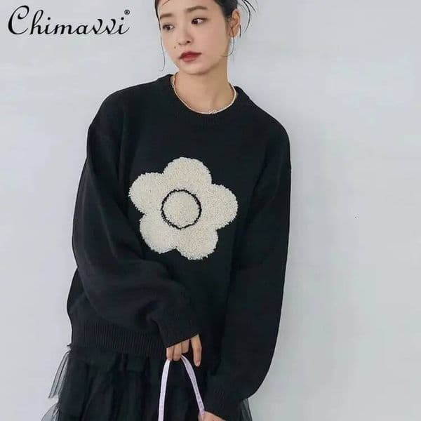 Bestseller Japanese Style Fashion 3D Flower Round Neck Pullover Sweater Spring Autumn New Sweet Girl Loose Knitted Sweaters Multi-color ddmytues