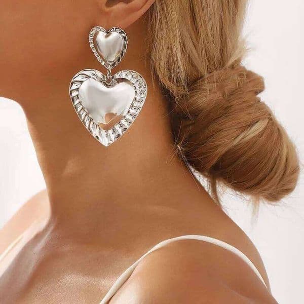 Vintage Metal Double Heart Drop for Women Exaggerated Silver Color Large Love Personality Earrings Party Jewelry Gifts
