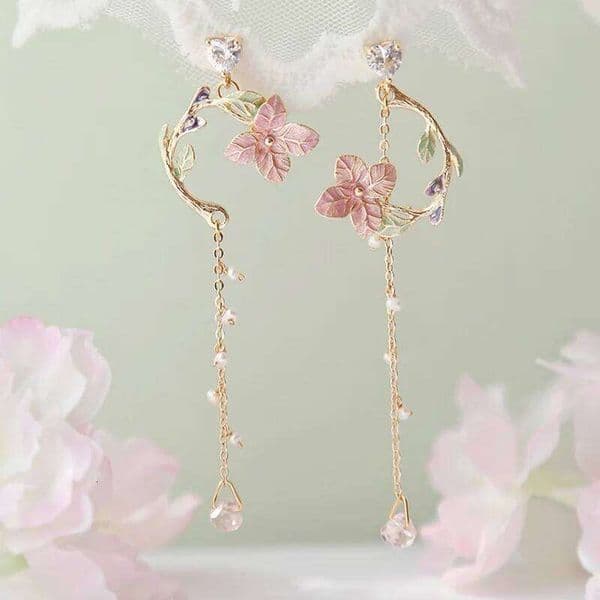 2022 New Korean Style Flower Asymmetrical Dangle Earrings for Women Shiny Rhinestone Long Tassel Cute Cat Earring Sweet Jewelry