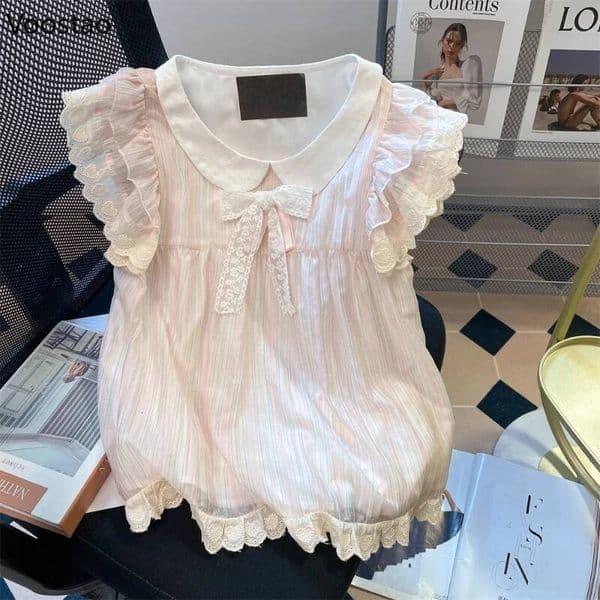 Bestseller Japanese Sweet Lolita Style Blouses Women Kawaii Peter Pan Collar Lace Bow Ruffles Flying Sleeve Shirts Girls Tops Blusas Mujer ddmytues