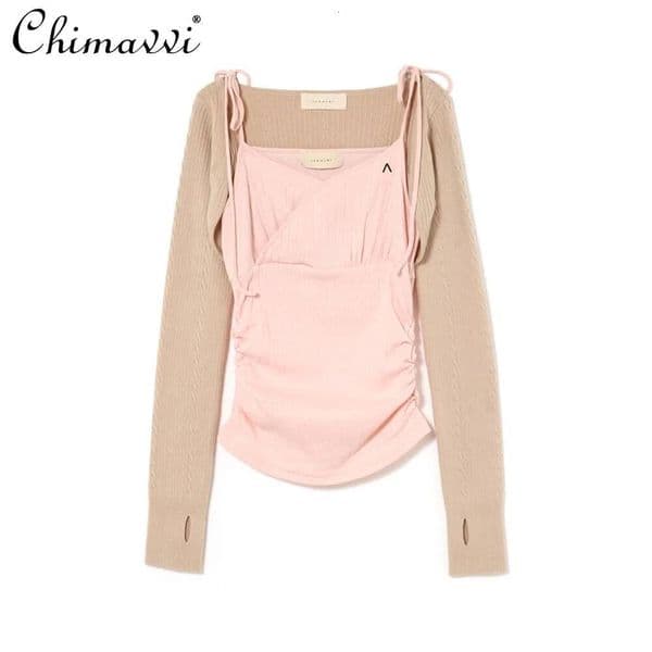 Bestseller Japanese Pure Desire Cotton Knitted Jacquard Fabric Suspender Vest + Long-sleeved Short Cardigan Autumn Sweet Girl Two-piece Set ddmytues